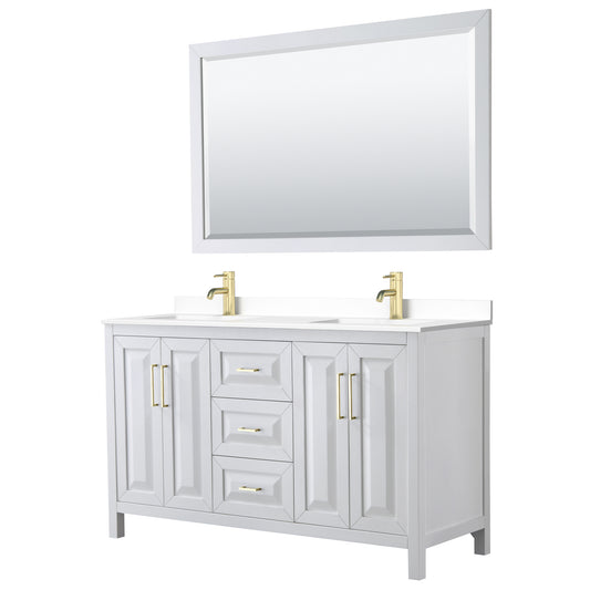 Daria 60" White Double Vanity, White Marble Top, 58" Mirror, Brushed Gold Trim
