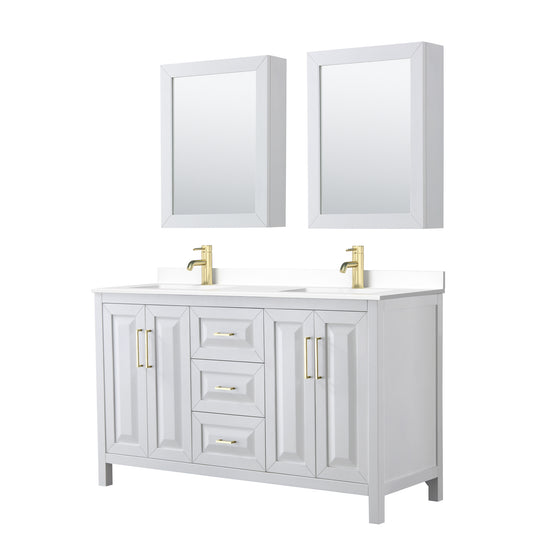 Daria 60" White Double Vanity, White Marble Top, Medicine Cabinets, Gold Trim