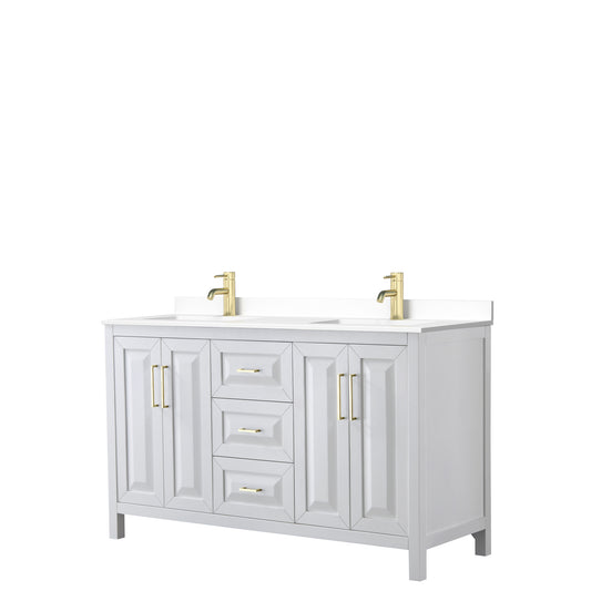 Daria 60" Double Vanity in White, White Cultured Marble Top, Gold Trim