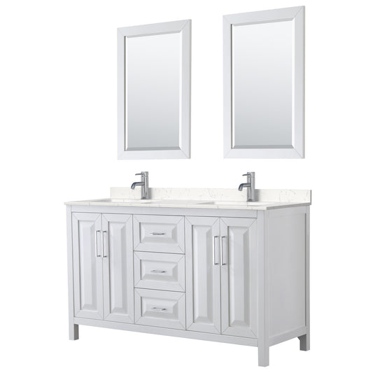 Daria 60" Double Vanity in White, Carrara Cultured Marble Top, 24" Mirrors