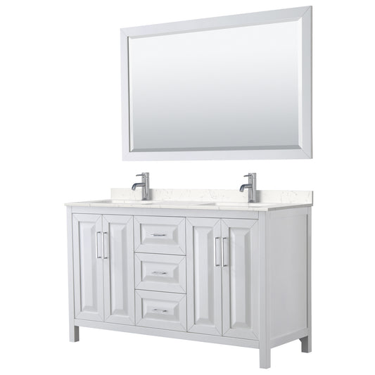 Daria 60" Double Vanity in White, Carrara Cultured Marble Top, Sinks, 58" Mirror
