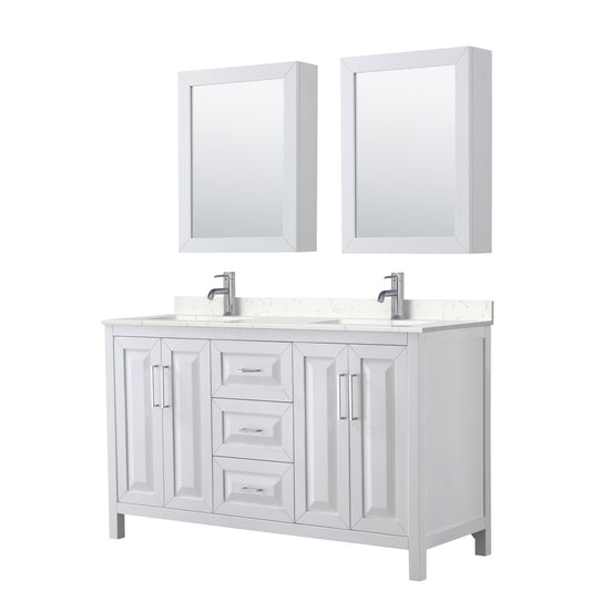 Daria 60" Double Vanity in White, Carrara Cultured Marble Top, Medicine Cabinets
