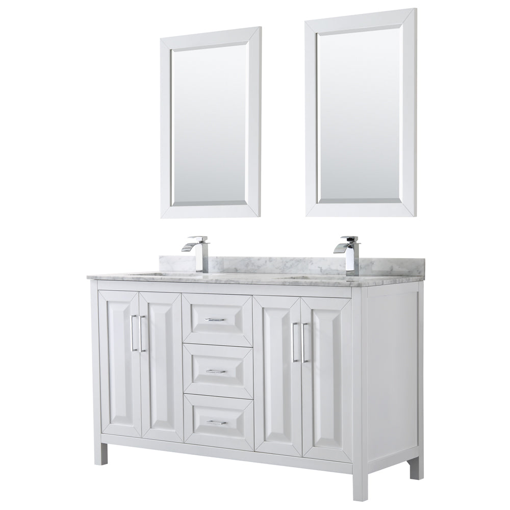 Daria 60 inch Double Bathroom Vanity in White, White Carrara Marble Countertop, Undermount Square Sinks, and 24 inch Mirrors