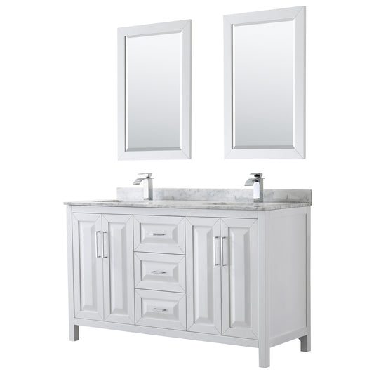 Daria 60 inch Double Bathroom Vanity in White, White Carrara Marble Countertop, Undermount Square Sinks, and 24 inch Mirrors