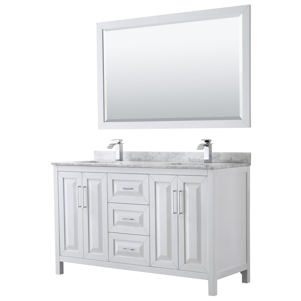 Daria 60 inch Double Bathroom Vanity in White, White Carrara Marble Countertop, Undermount Square Sinks, and 58 inch Mirror