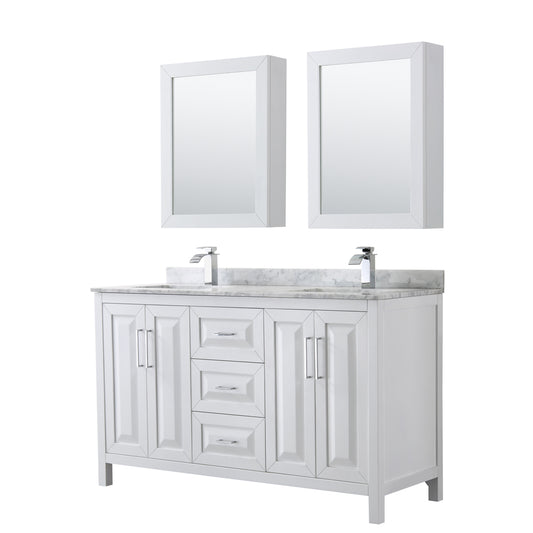 Daria 60 inch Double Bathroom Vanity in White, White Carrara Marble Countertop, Undermount Square Sinks, and Medicine Cabinets