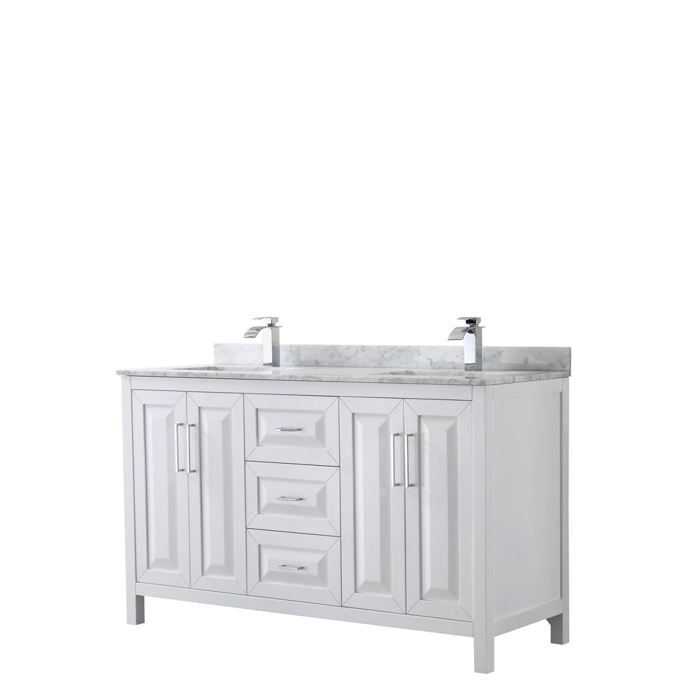 Daria 60 inch Double Bathroom Vanity in White, White Carrara Marble Countertop, Undermount Square Sinks, and No Mirror