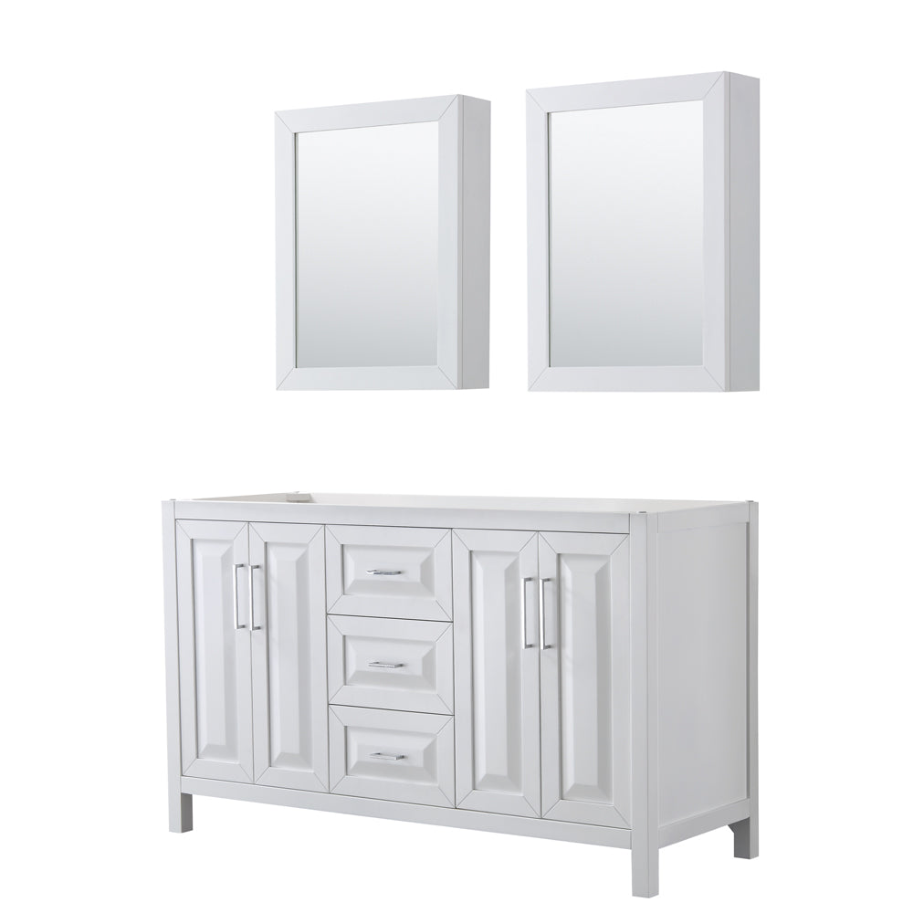 Daria 60 inch Double Bathroom Vanity in White, No Countertop, No Sink, and Medicine Cabinets