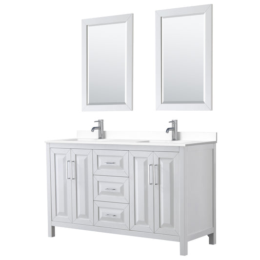 Daria 60" Double Vanity in White, White Cultured Marble Top, Sinks, 24" Mirrors
