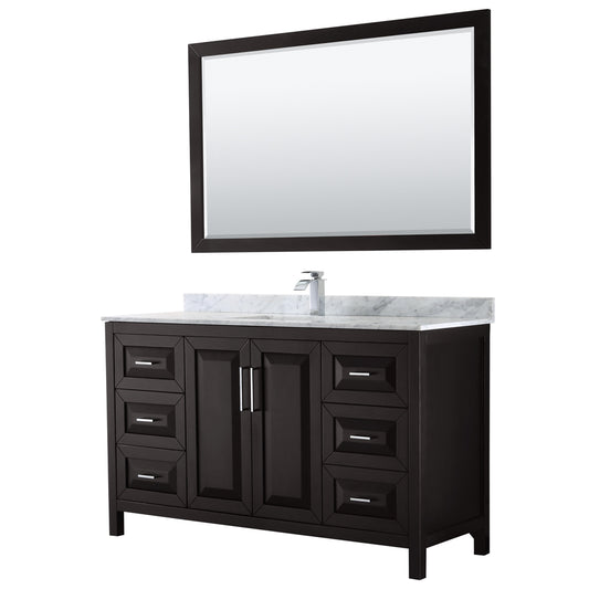 Daria 60 inch Single Bathroom Vanity in Dark Espresso, White Carrara Marble Countertop, Undermount Square Sink, and 58 inch Mirror