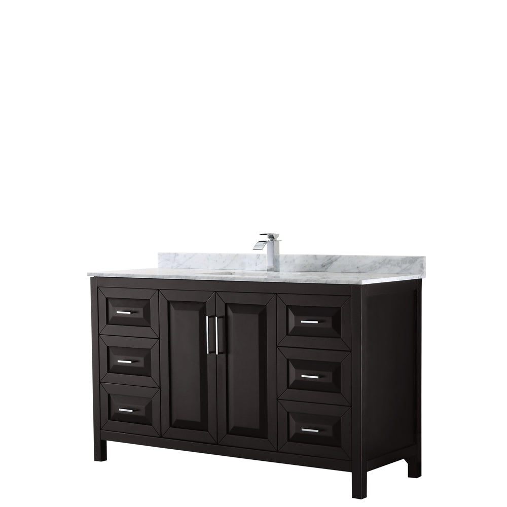 Daria 60 inch Single Bathroom Vanity in Dark Espresso, White Carrara Marble Countertop, Undermount Square Sink, and No Mirror