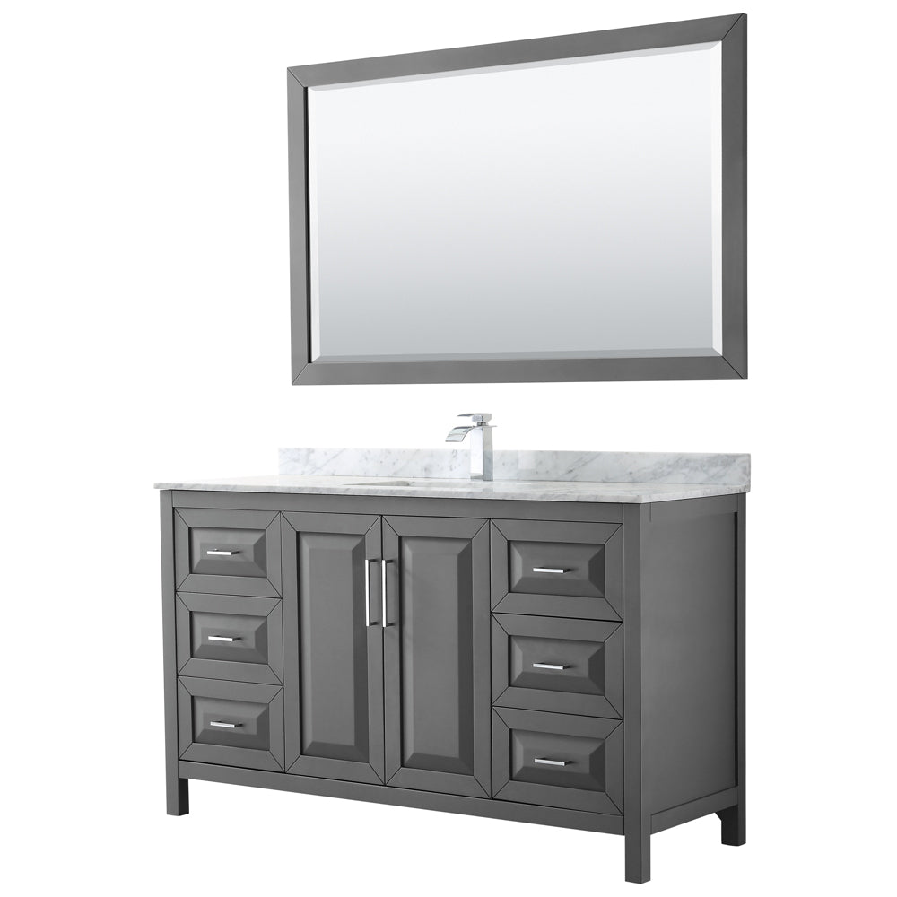 Daria 60 inch Single Bathroom Vanity in Dark Gray, White Carrara Marble Countertop, Undermount Square Sink, and 58 inch Mirror