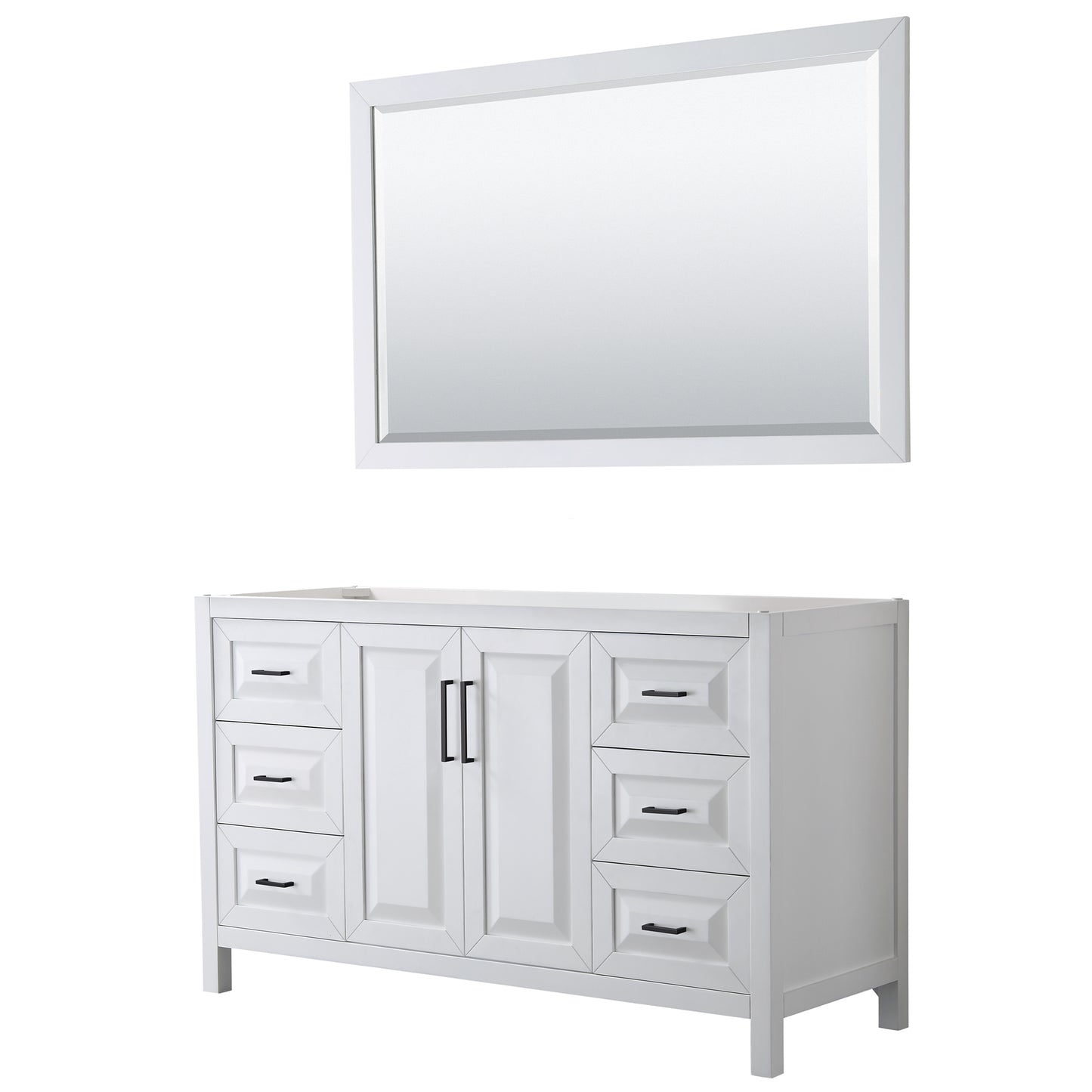 Daria 60" Single Vanity in White, No Top, No Sink, Matte Black Trim, 58" Mirror