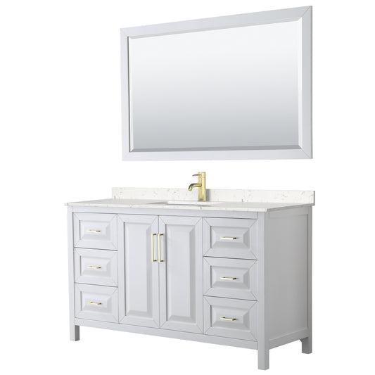 Daria 60" White Single Vanity, Carrara Marble Top, 58" Mirror, Brushed Gold Trim