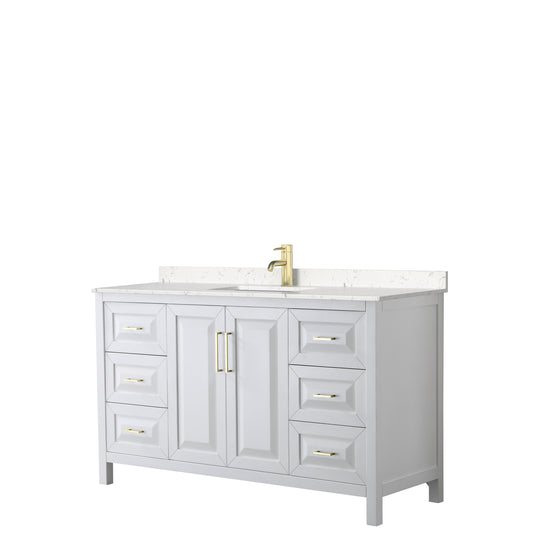 Daria 60" Single Vanity in White, Carrara Cultured Marble Top, Gold Trim