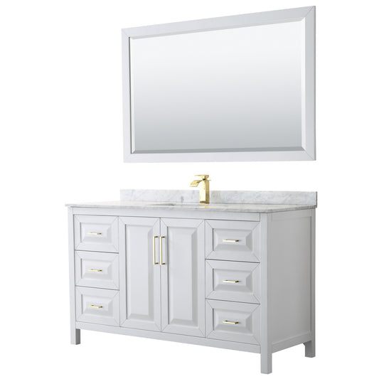 Daria 60" Single Vanity in White, Top, Square 58" Mirror, Brushed Gold Trim