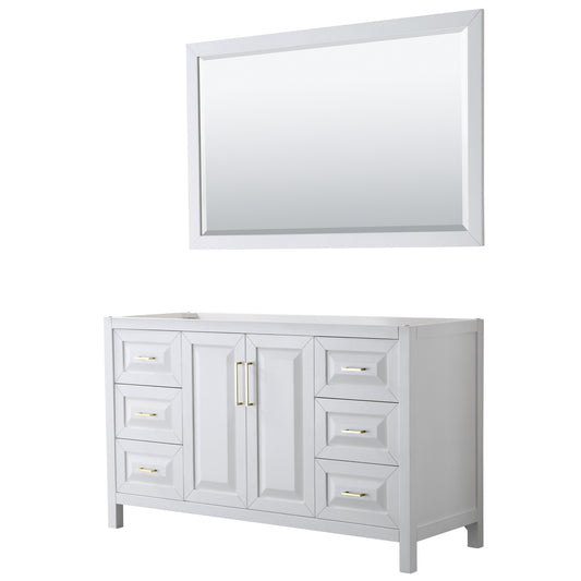 Daria 60" Single Vanity in White, No Top, No Sink, 58" Mirror, Brushed Gold Trim