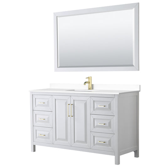 Daria 60" White Single Vanity, White Marble Top, 58" Mirror, Brushed Gold Trim