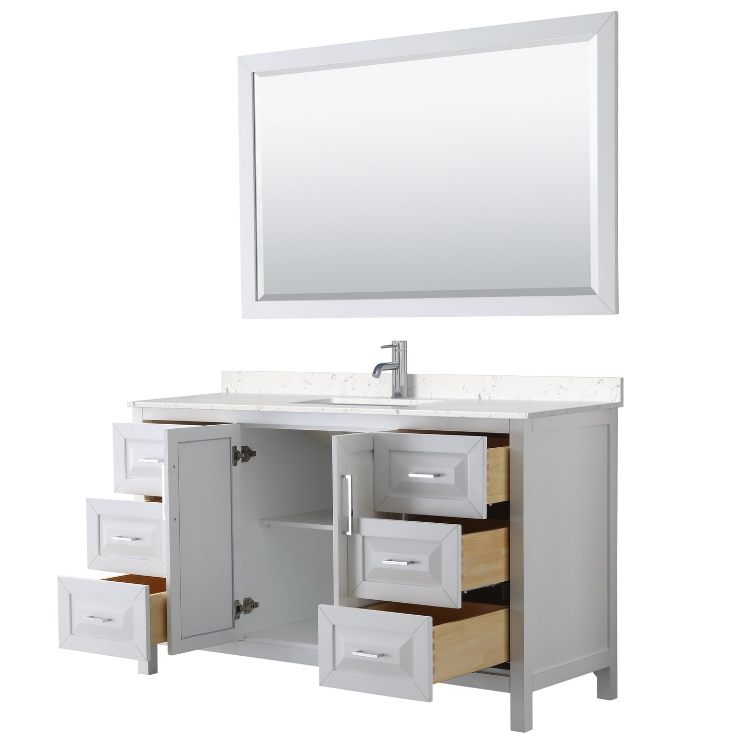 Daria 60" Single Vanity in White, Carrara Cultured Marble Top, Sink, 58" Mirror