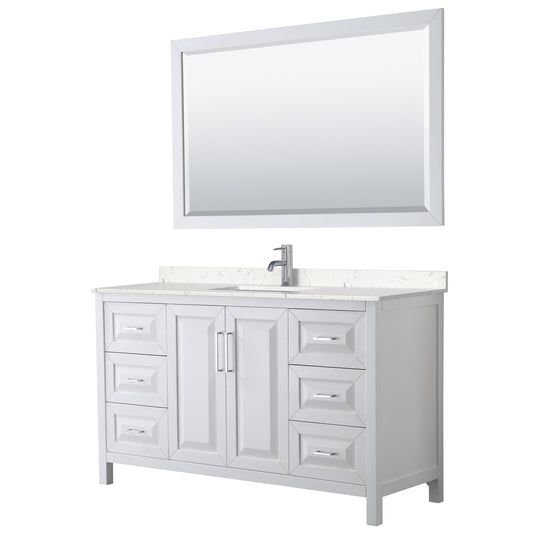 Daria 60" Single Vanity in White, Carrara Cultured Marble Top, Sink, 58" Mirror