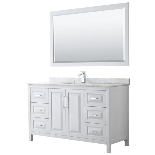 Daria 60 inch Single Bathroom Vanity in White, White Carrara Marble Countertop, Undermount Square Sink, and 58 inch Mirror