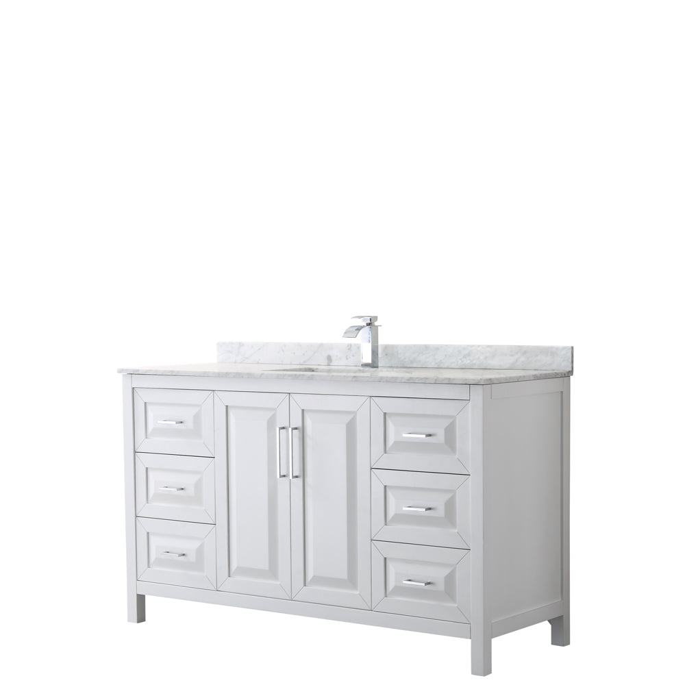 Daria 60 inch Single Bathroom Vanity in White, White Carrara Marble Countertop, Undermount Square Sink, and No Mirror