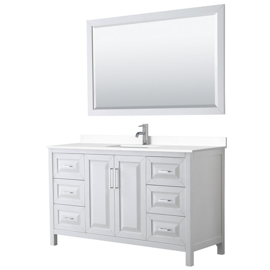 Daria 60" Single Vanity in White, White Cultured Marble Top, Sink, 58" Mirror