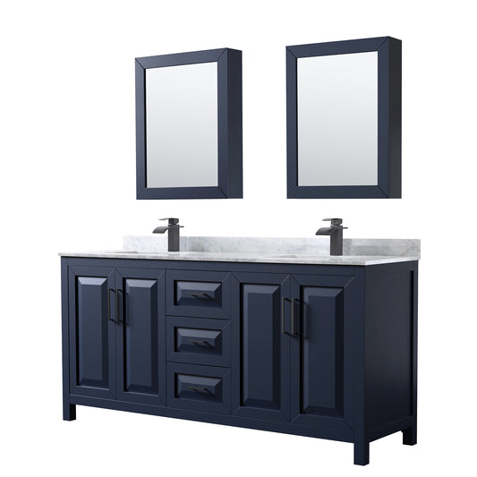 Daria 72" Double Vanity in Dark Blue, Top, Black Trim, Medicine Cabinets