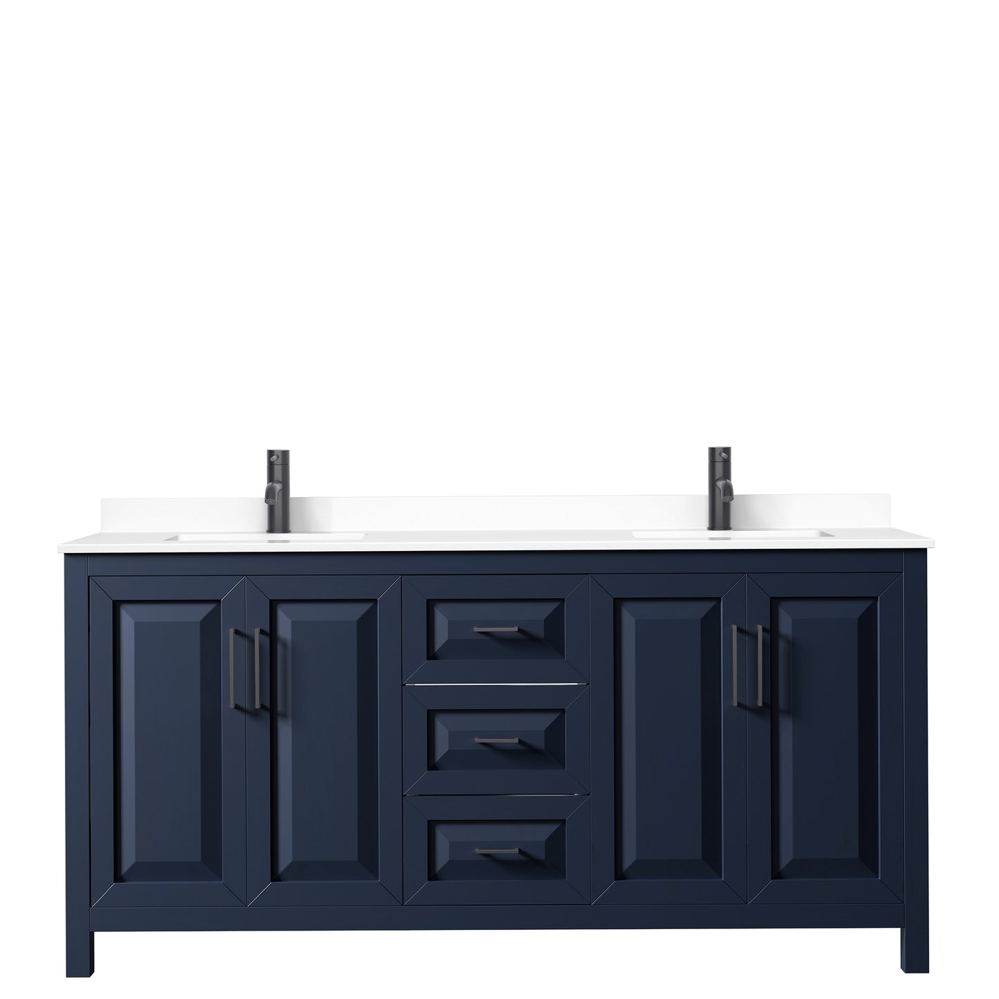 Daria 72" Double Vanity in Dark Blue, White Cultured Marble Top, Black Trim