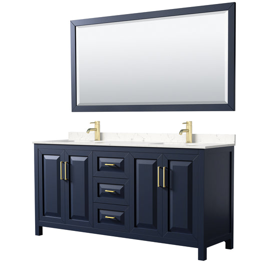 Daria 72" Double Vanity in Dark Blue, Carrara Cultured Marble Top, 70" Mirror