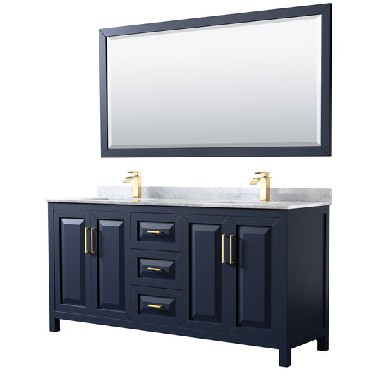 Daria 72" Double Vanity in Dark Blue, Top, Square Sinks, 70" Mirror