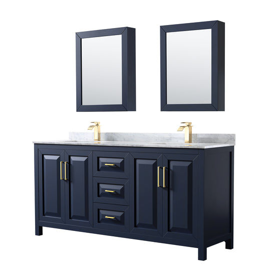 Daria 72" Double Vanity in Dark Blue, Top, Square Sinks, Medicine Cabinets