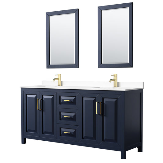 Daria 72" Double Vanity in Dark Blue, White Cultured Marble Top, 24" Mirrors