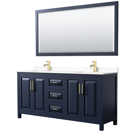 Daria 72" Double Vanity in Dark Blue, White Cultured Marble Top, 70" Mirror