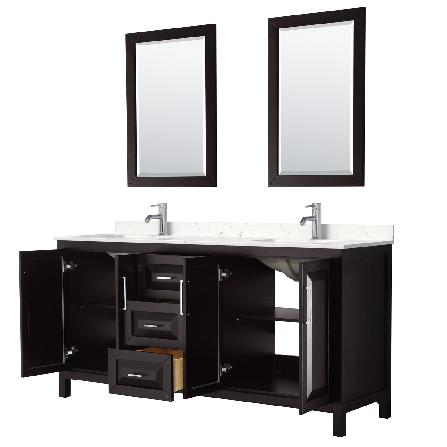 Daria 72" Double Vanity in Espresso, Carrara Cultured Marble Top, 24" Mirrors