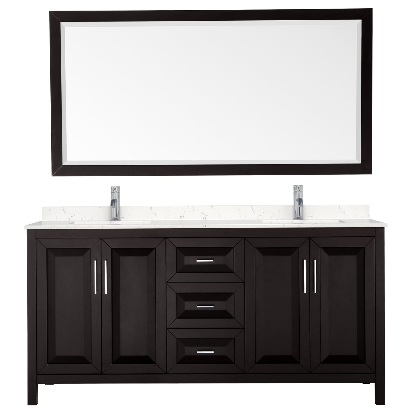 Daria 72" Double Vanity in Espresso, Carrara Cultured Marble Top, 70" Mirror