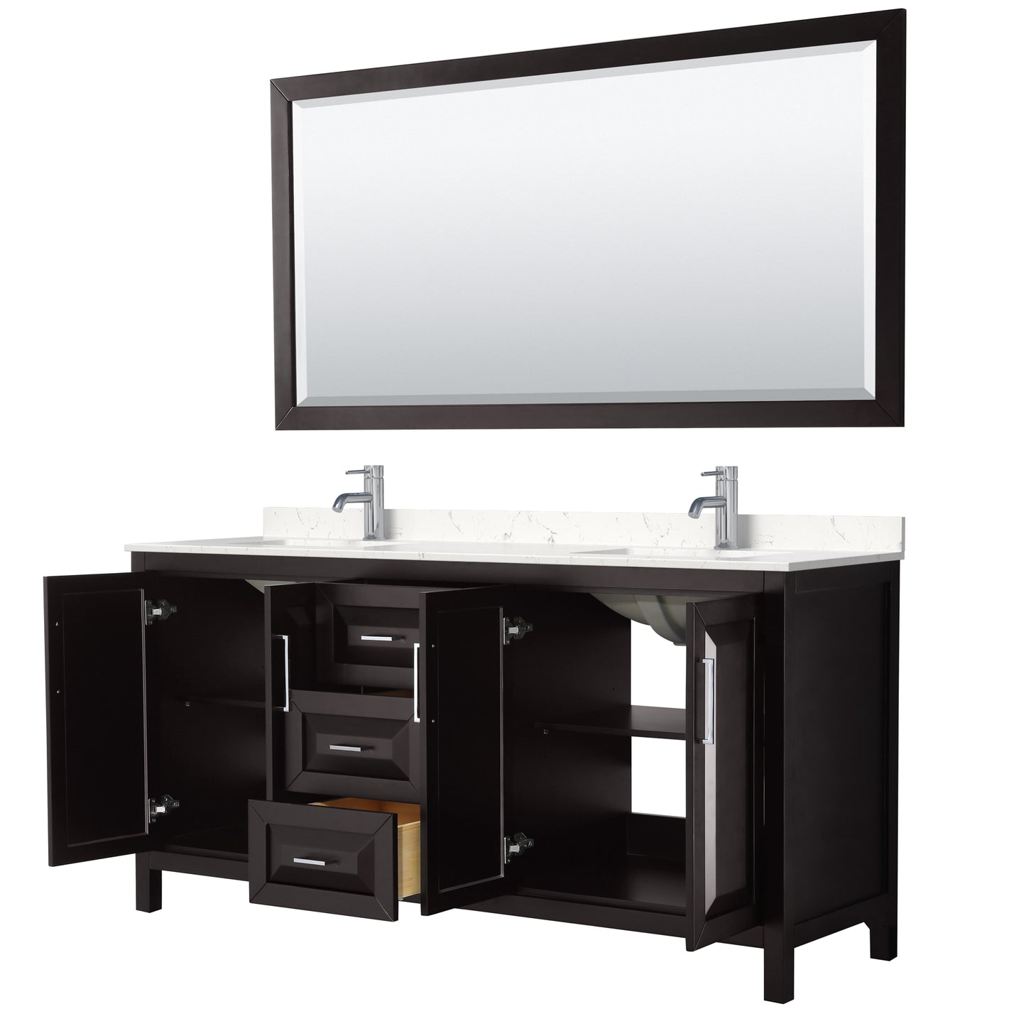 Daria 72" Double Vanity in Espresso, Carrara Cultured Marble Top, 70" Mirror