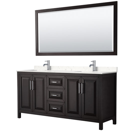 Daria 72" Double Vanity in Espresso, Carrara Cultured Marble Top, 70" Mirror