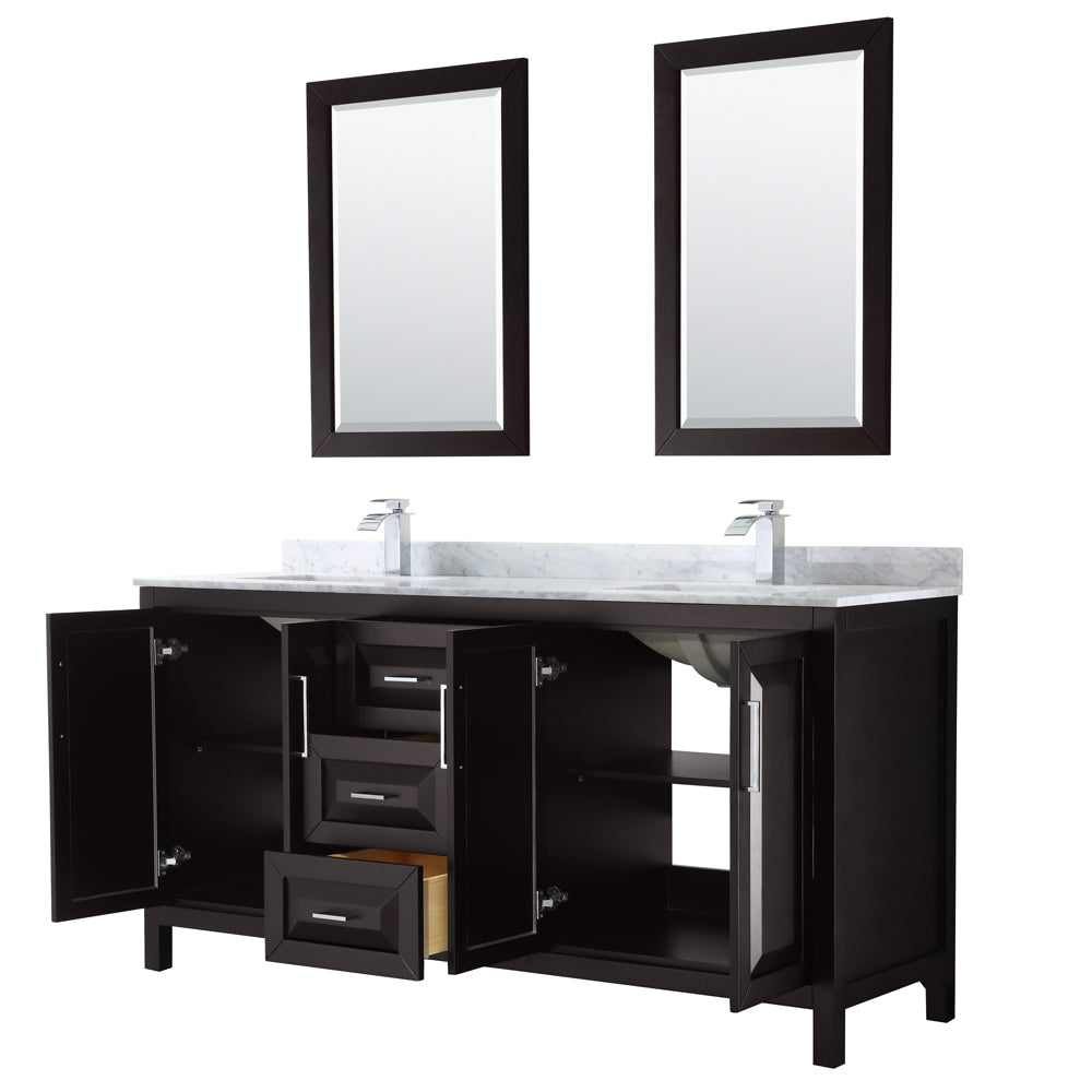 Daria 72" Double Vanity in Dark Espresso, Top, Square Sinks, 24" Mirrors