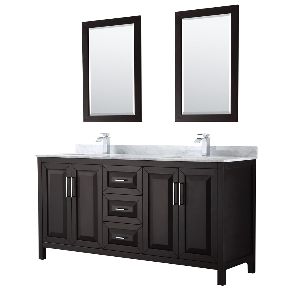 Daria 72 inch Double Bathroom Vanity in Dark Espresso, White Carrara Marble Countertop, Undermount Square Sinks, and 24 inch Mirrors