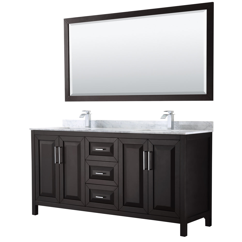 Daria 72 inch Double Bathroom Vanity in Dark Espresso, White Carrara Marble Countertop, Undermount Square Sinks, and 70 inch Mirror