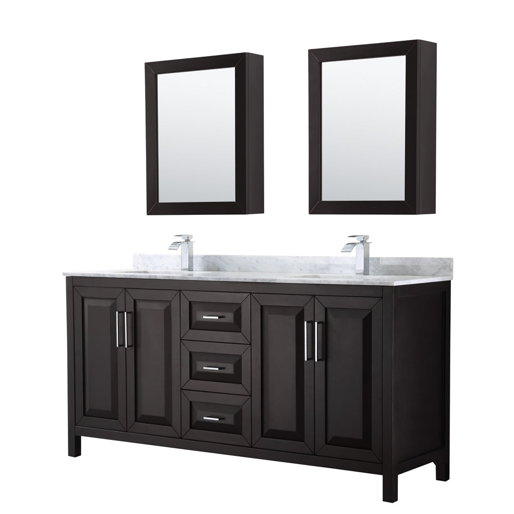 Daria 72 inch Double Bathroom Vanity in Dark Espresso, White Carrara Marble Countertop, Undermount Square Sinks, and Medicine Cabinets