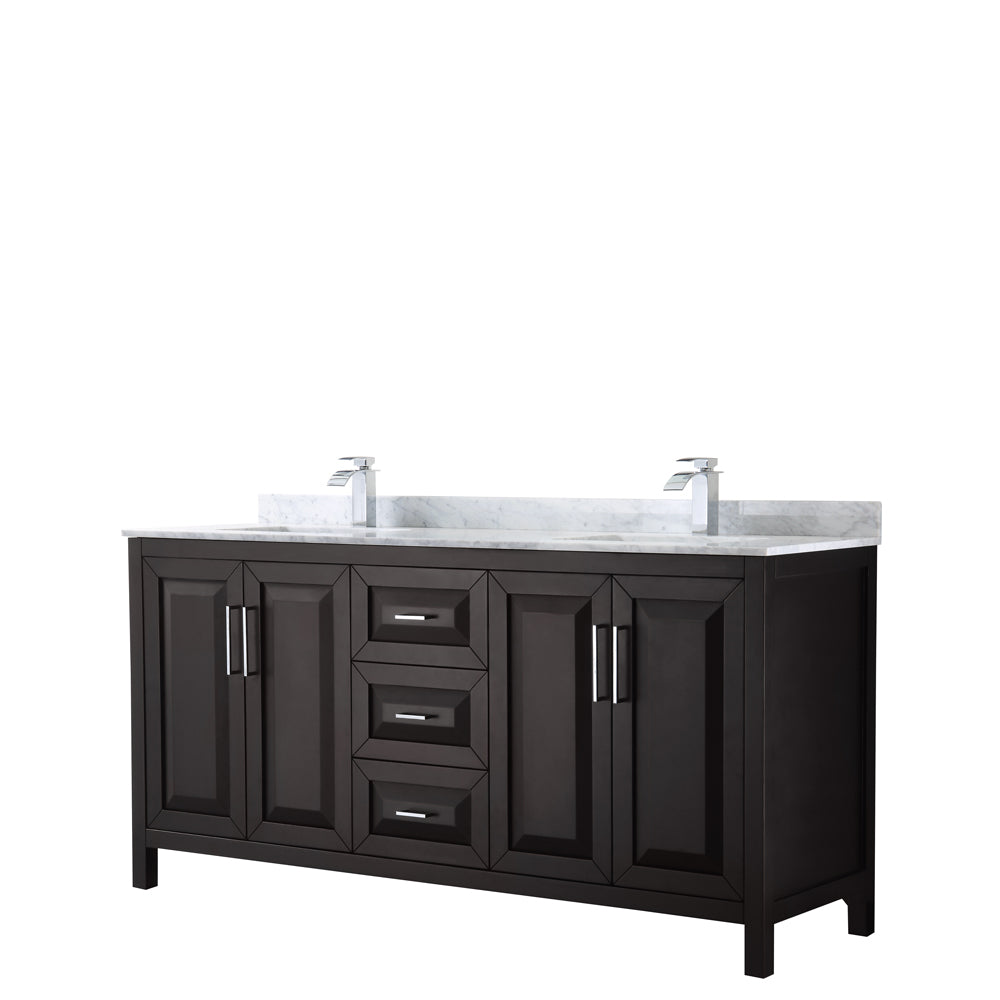 Daria 72 inch Double Bathroom Vanity in Dark Espresso, White Carrara Marble Countertop, Undermount Square Sinks, and No Mirror