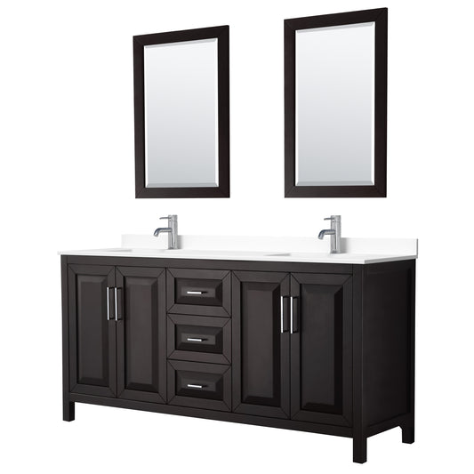 Daria 72" Double Vanity in Dark Espresso, White Cultured Marble Top, 24" Mirrors