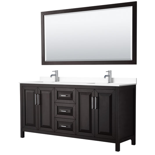 Daria 72" Double Vanity in Dark Espresso, White Cultured Marble Top, 70" Mirror