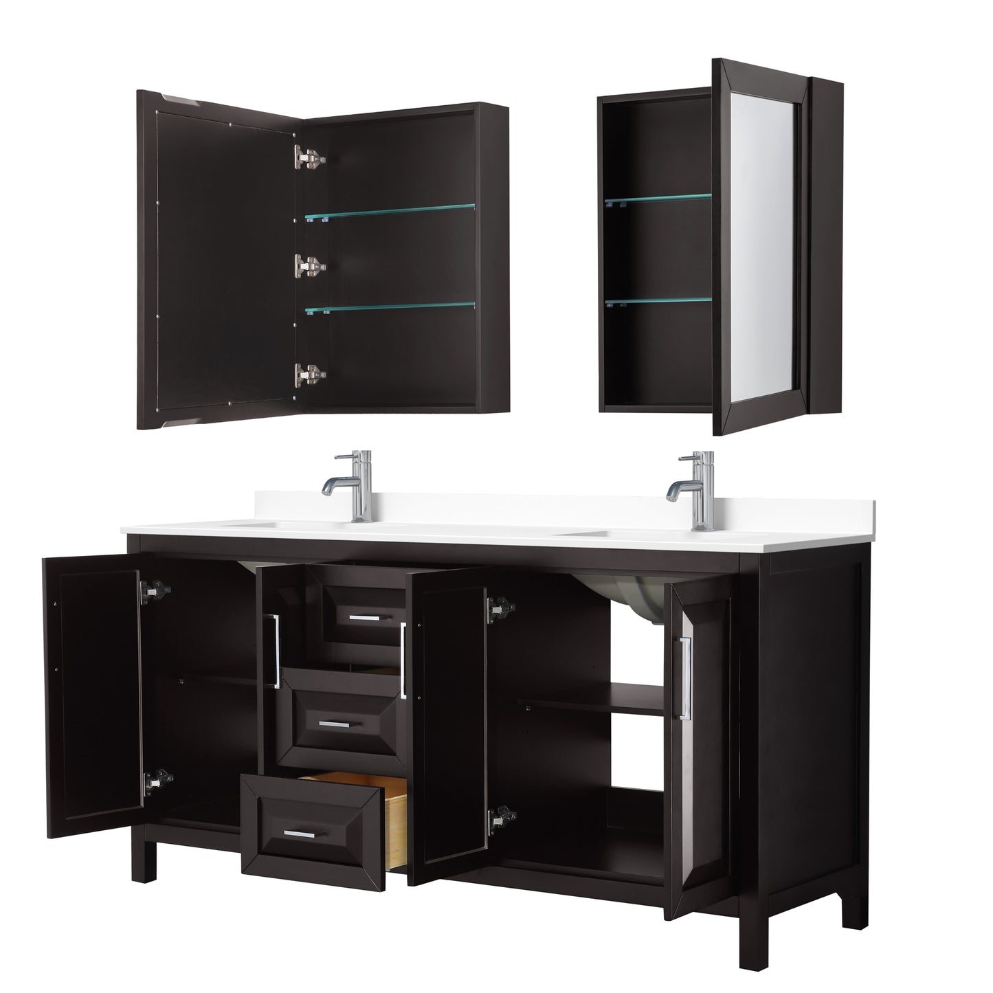 Daria 72" Espresso Double Vanity, White Cultured Marble Top, Medicine Cabinets