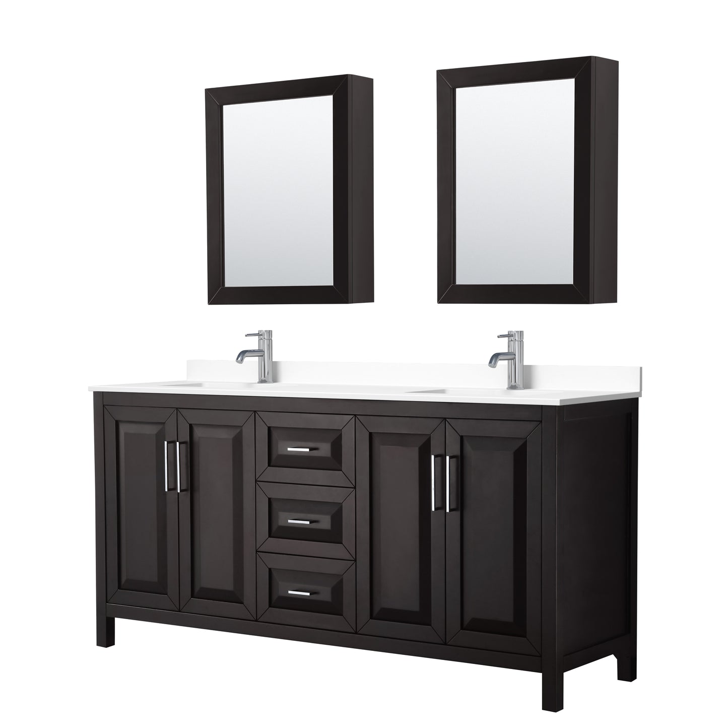 Daria 72" Espresso Double Vanity, White Cultured Marble Top, Medicine Cabinets