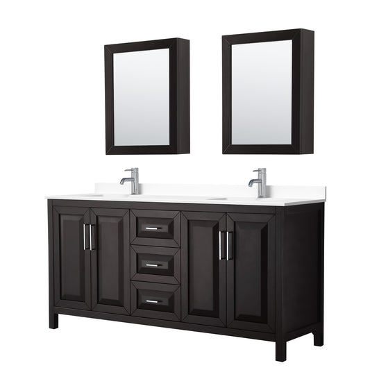 Daria 72" Espresso Double Vanity, White Cultured Marble Top, Medicine Cabinets