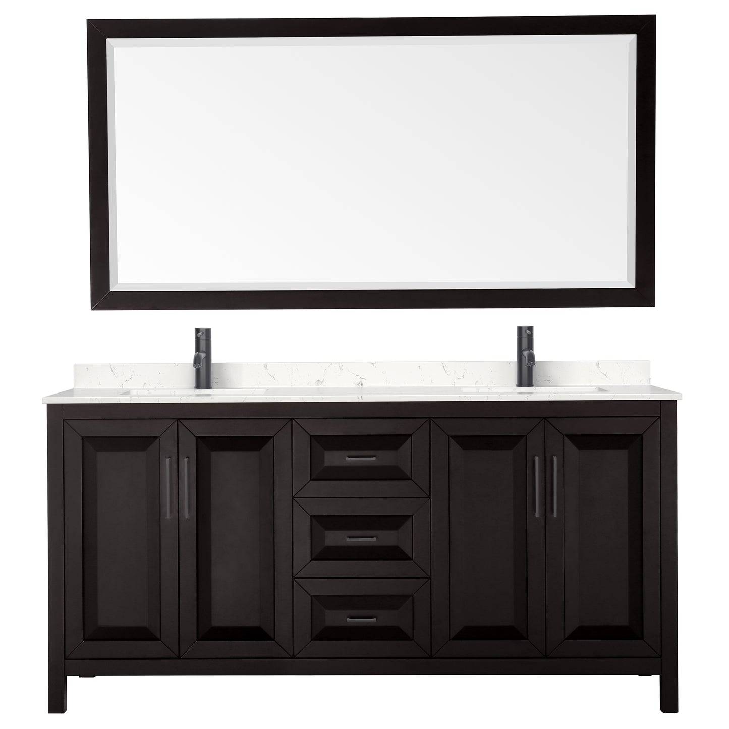 Daria 72" Espresso Double Vanity, Carrara Marble Top, Black Trim, 70" Mirror