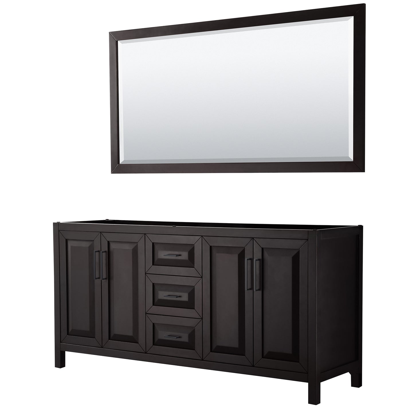 Daria 72" Double Vanity in Dark Espresso, No Top, Matte Black Trim, 70" Mirror